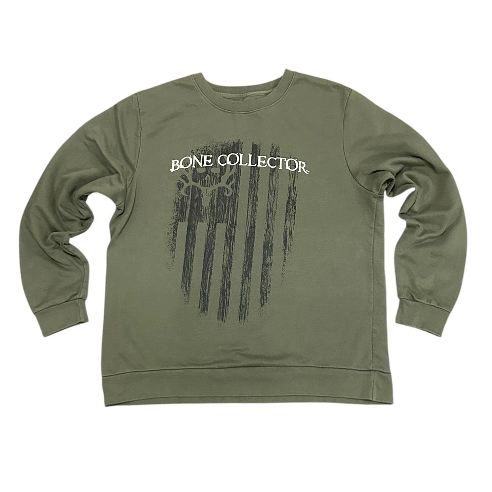 Bone Collector Mens Graphic Sweatshirt Olive Green Distressed Flag Pullover XL